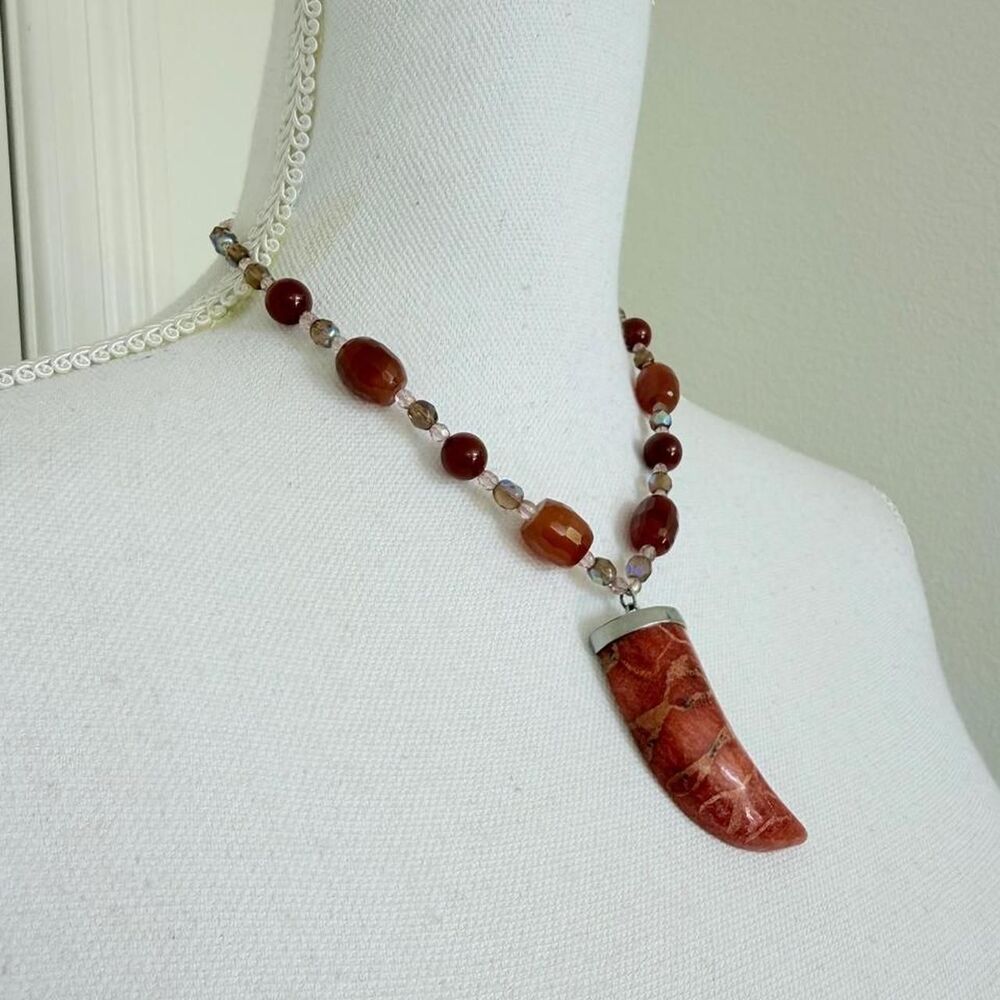 Beaded Crystal Statement Necklace Horn Tusk Red Coral Pendant Vintage - Picture 2 of 7
